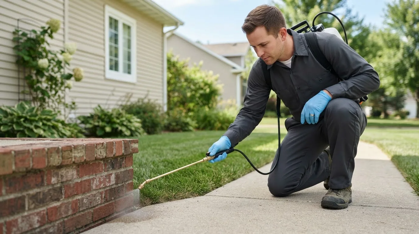 Pest control technician treating a home near Embudo, NM